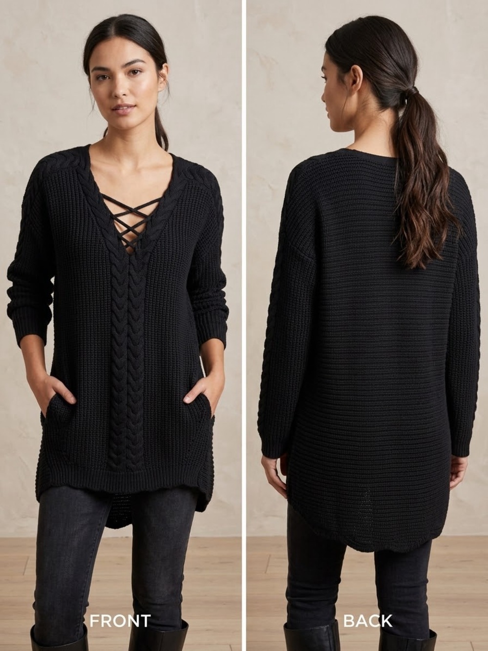 Cable-Knit Lace-Up V-Neck Sweater - Black